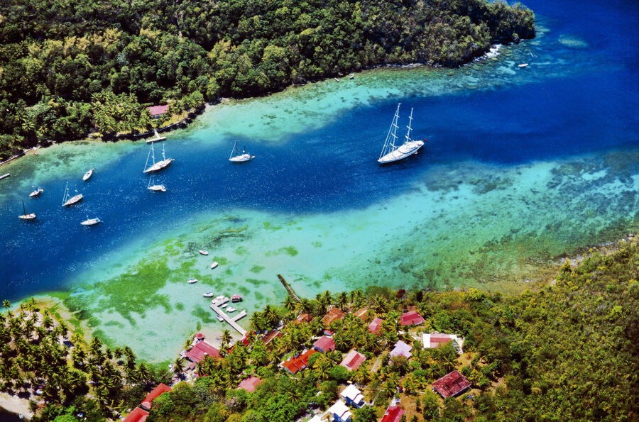 Scenic Marigot Bay in St. Lucia, known for its stunning views and as a filming location for Dr. Dolittle