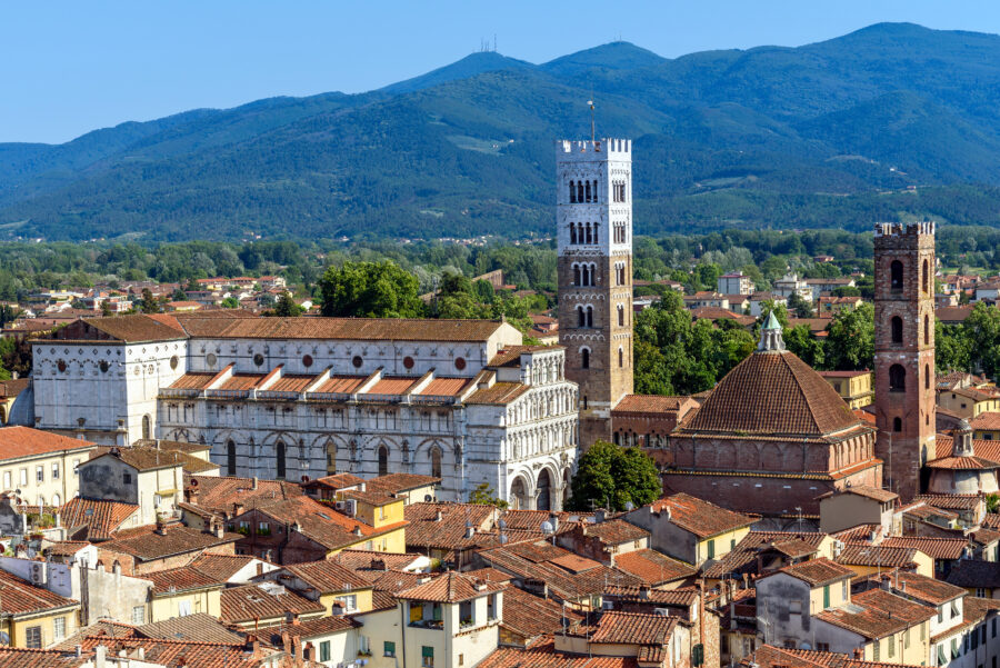 Scenic view of Lucca, Italy, showcasing St. Martin Cathedral amidst the charming medieval town landscape