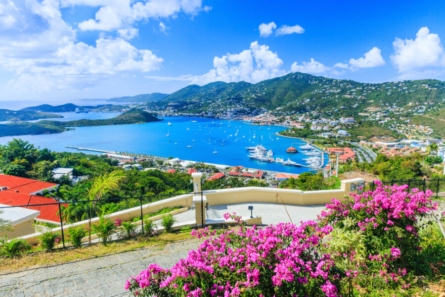 Panoramic view of St. Thomas, US Virgin Islands, showcasing lush greenery and vibrant blue waters of the Caribbean Sea