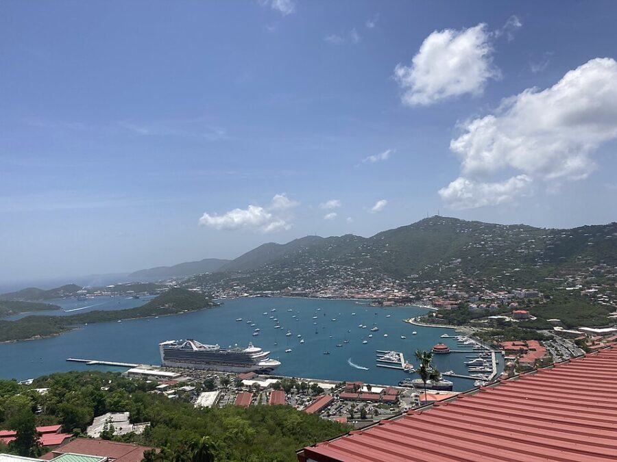 Bright blue sky dotted with white clouds above St. Thomas, US Virgin Islands.