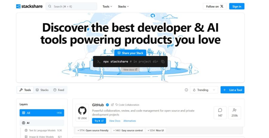 Stackshare webpage screenshot displaying a banner with the text 'Discover the best developer & AI tools powering products you love.' The page features options to explore tools and stacks