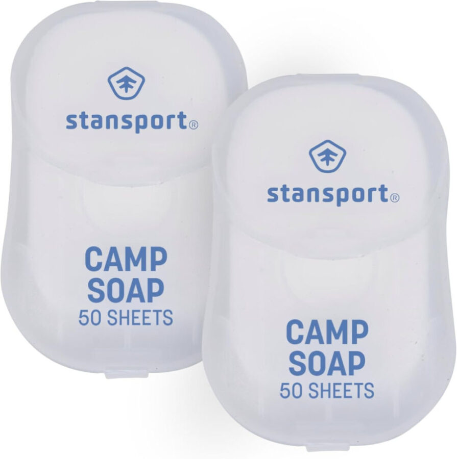 Stansport travel-size camp soap sheets in a two-pack, ideal for outdoor hygiene and convenience while camping.