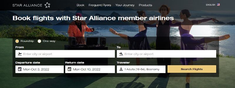 Star Alliance Book Flights website landing page