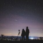 Photographers observing starry sky with tripod in serene night, city glow in background.