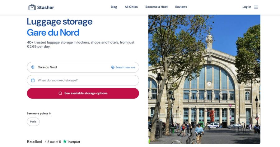 Webpage for Stasher luggage storage at Gare du Nord. The page features a search bar, service details, and a photo of Gare du Nord station with people and trees under a clear blue sky.