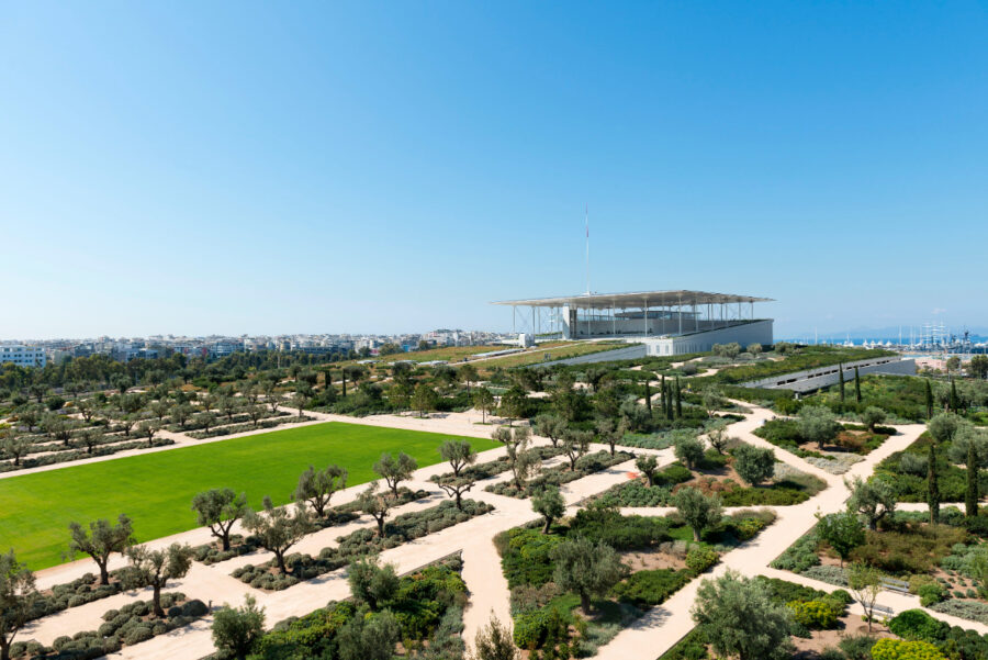 Sweeping panorama of the Stavros Niarchos Foundation Cultural Center, featuring its striking architecture and outdoor areas