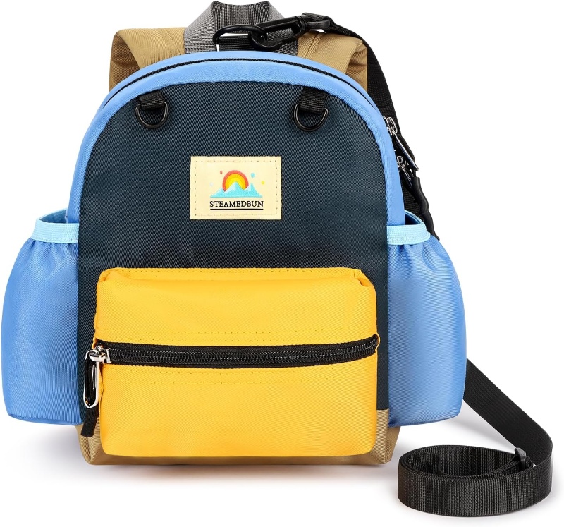 Small STEAMEDBUN toddler backpack in blue, yellow, and black, featuring a convenient leash for added safety.