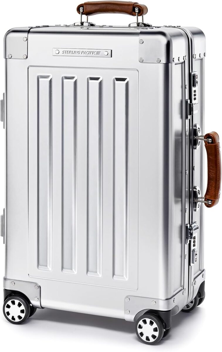 Silver Sterling Pacific 40L cabin suitcase with wheels on a white background, designed for travel convenience.
