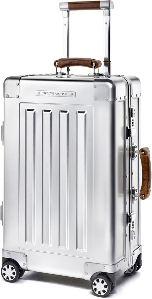 Silver Sterling Pacific 40L cabin suitcase with wheels and handles, designed for stylish travel convenience.