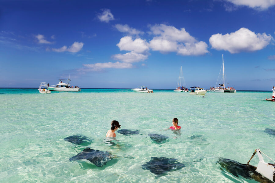 Swimming with stingrays at Stingray City, Cayman Islands, showcasing interactions with these marine animals in crystal-clear waters