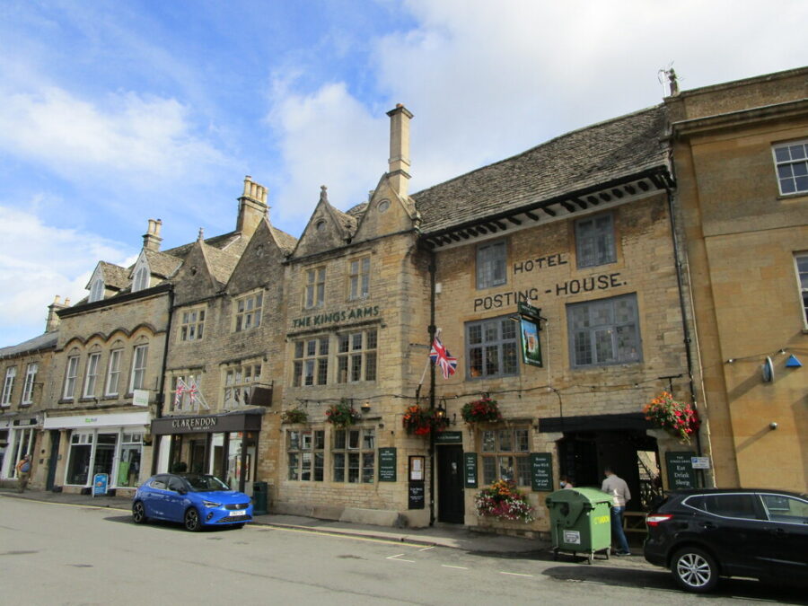 Stow-on-the-Wold's prominent building features a clock tower, highlighting the town's historical charm in the Cotswolds.