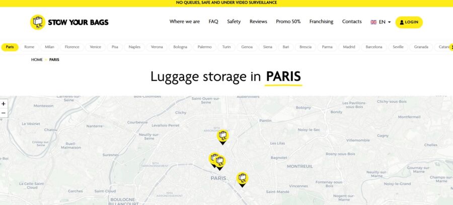 Website page showing luggage storage locations in Paris. Map displays several suitcase icons marking storage spots around the city.
