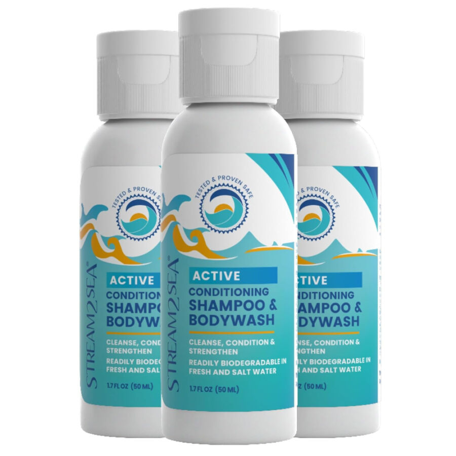 Stream2Sea 3-in-1 biodegradable shampoo sheets for hair and body, featuring three active cleansing ingredients.