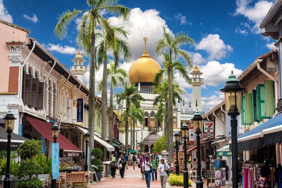 Vibrant Kampong Glam street scene with mosque, palm trees, shophouses, tourists, and market stalls.