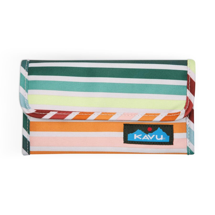 KAVU striped canvas wallet pouch, colorful outdoor travel accessory.