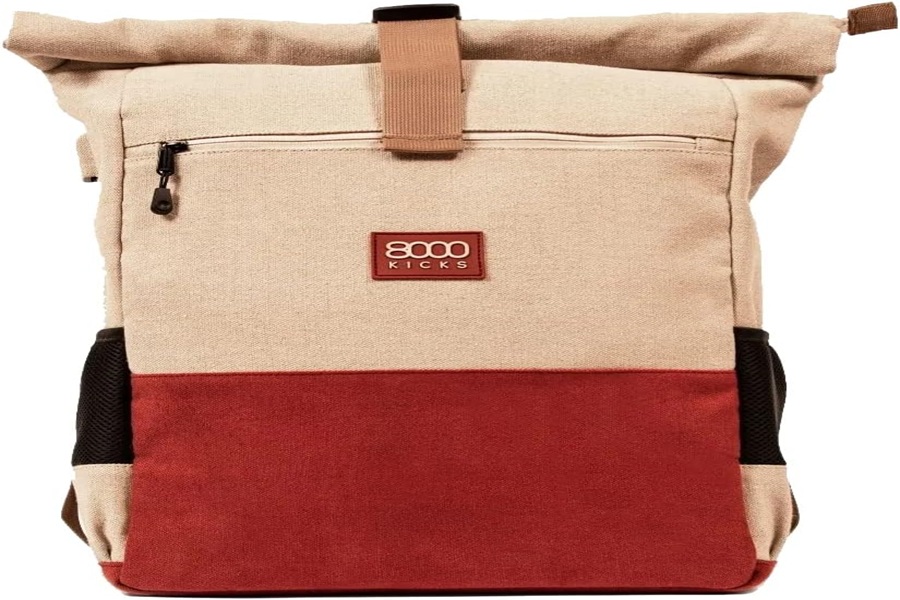Stylish minimalist beige backpack with rust-red accents and roll-top closure for daily adventures.