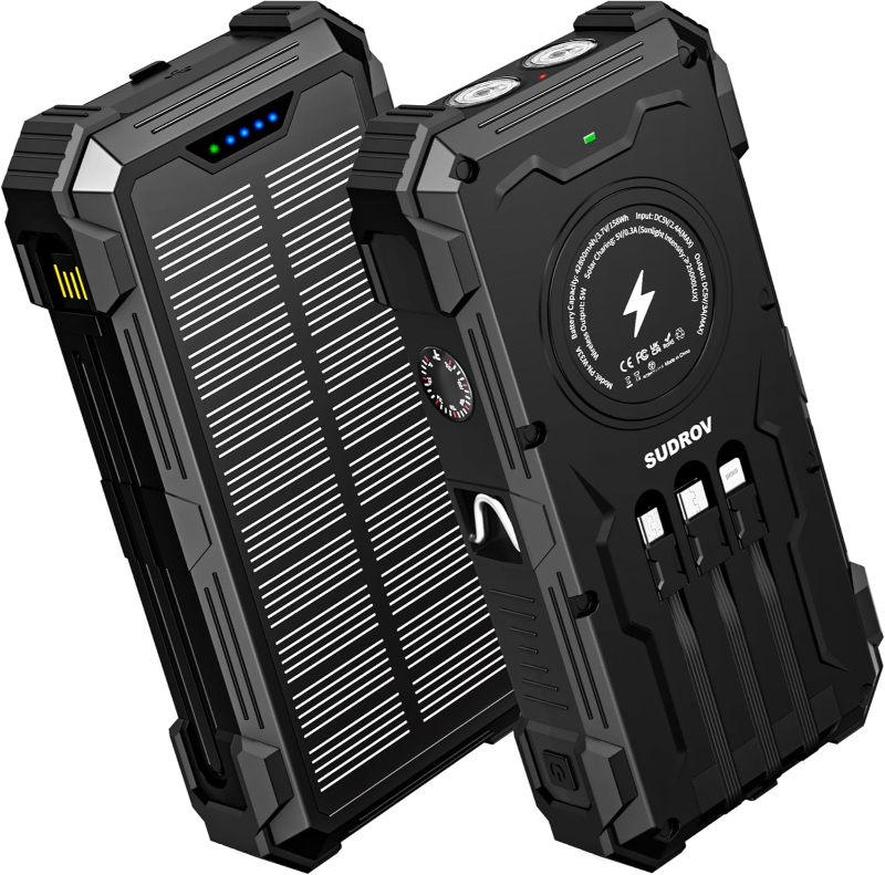 Sudrov Solar Power Bank 42800mAh featuring a solar panel on top for eco-friendly charging on the go.
