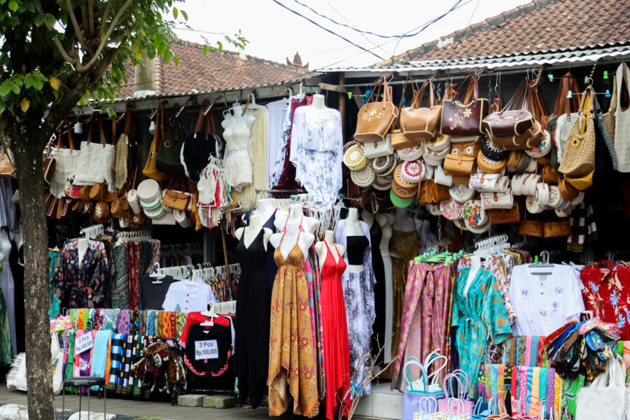 Sukawati Market in Bali, showcasing handicraft souvenirs, clothes, bags, and various Balinese handmade knick-knacks