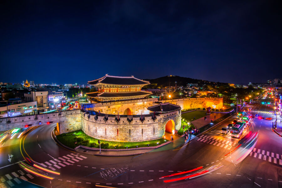Night view of Hwaseong fortress at suwon city south Korea