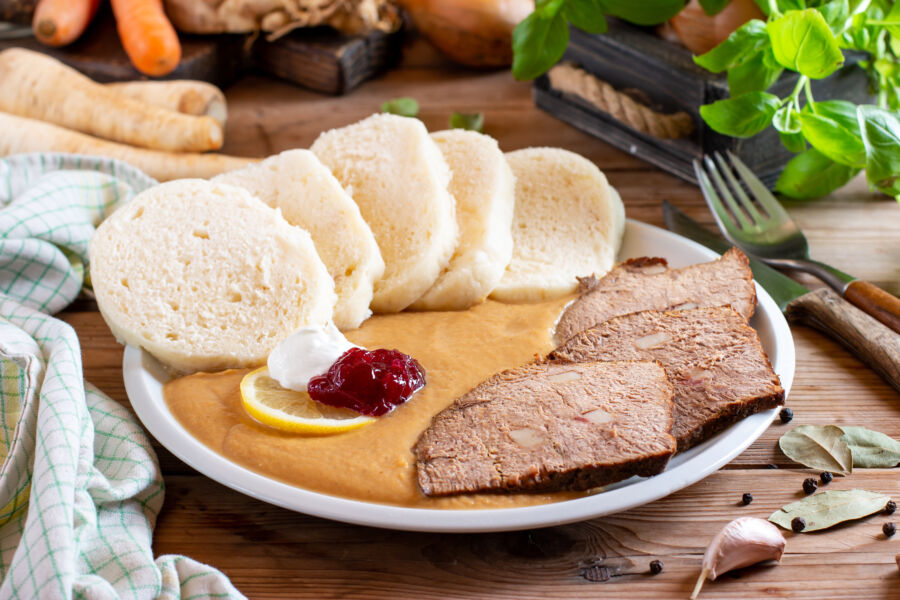 Plate of svickova na smetane, popular traditional Czech meat dish.