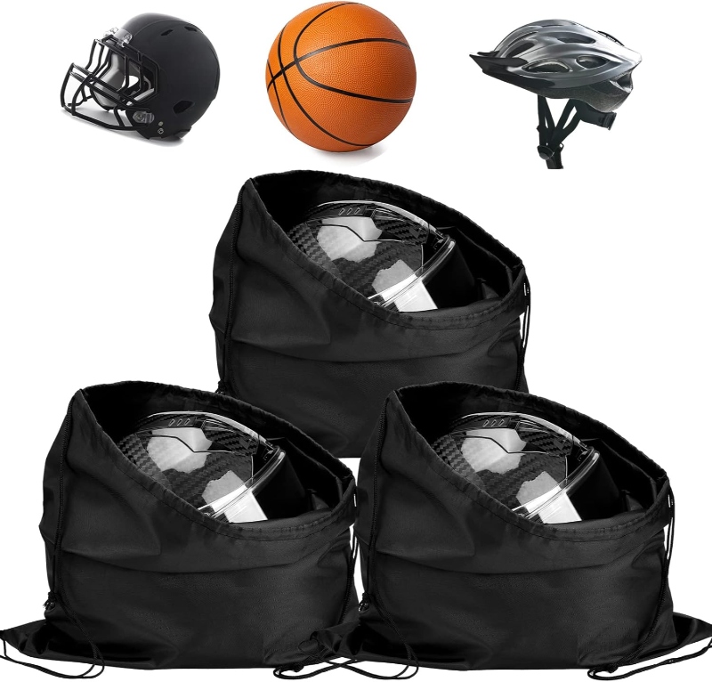 Sweetude Helmet Drawstring Bag 3-Pack featuring a helmet, basketball, and another helmet bag.