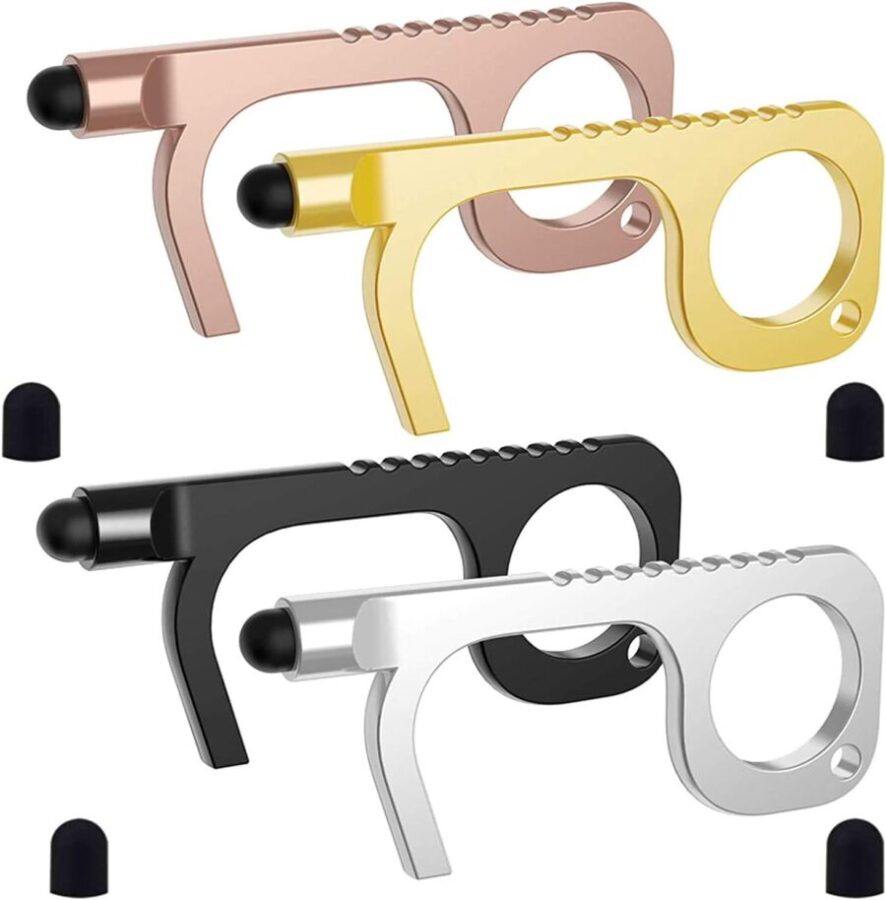 Set of three hand grips in different colors, made of metal and plastic, for the Sweetums Touchless Door Opener Keychain.