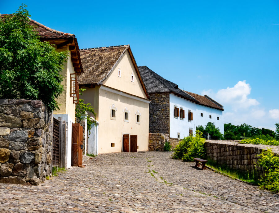Street view of traditional Hungarian pise houses at the Szentendre Skanzen Village Museum, showcasing local architecture