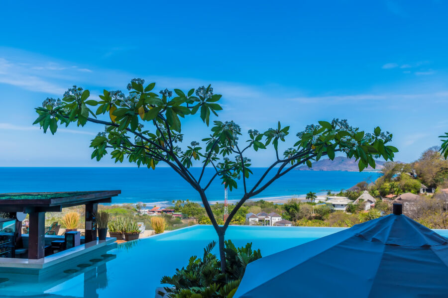 Poolside view of Tamarindo resort in Costa Rica, capturing the dry season's vibrant scenery