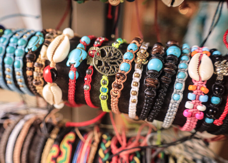 Colorful handmade items for sale as souvenirs in Tamarindo Beach, Costa Rica, showcasing local craftsmanship