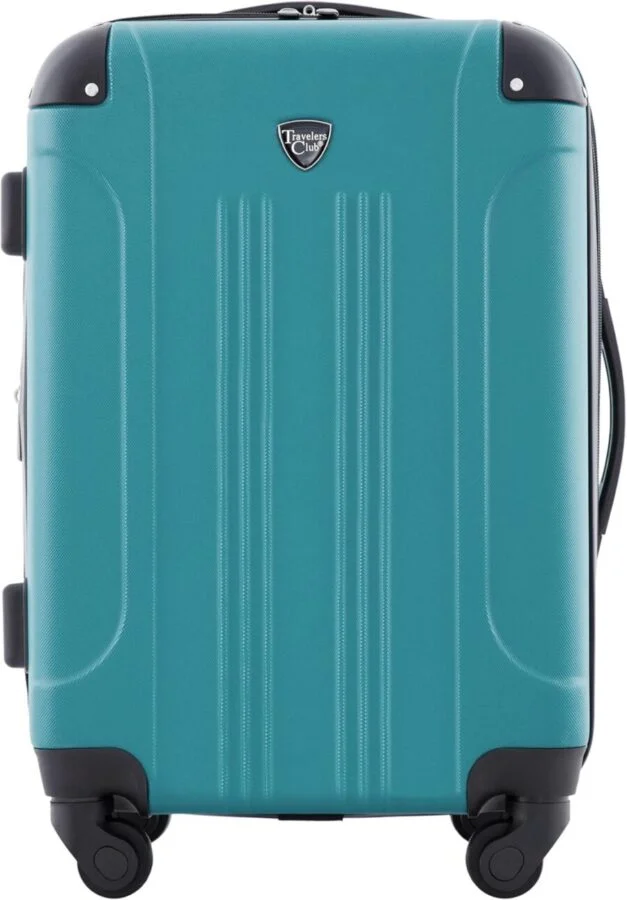 Teal Travelers Club hardside carry-on suitcase with spinner wheels and molded handle.