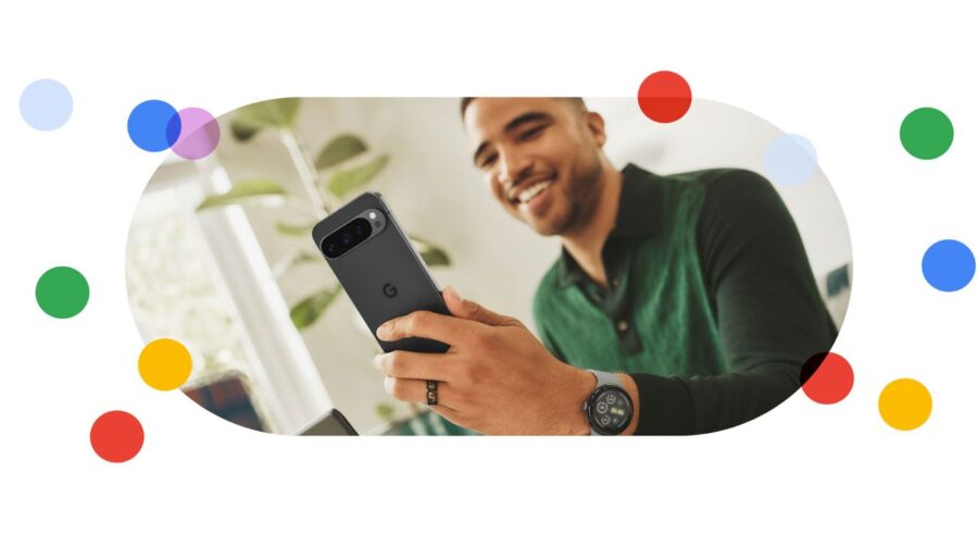 Man enjoying a Google smartphone in a colorful, tech-friendly home environment.