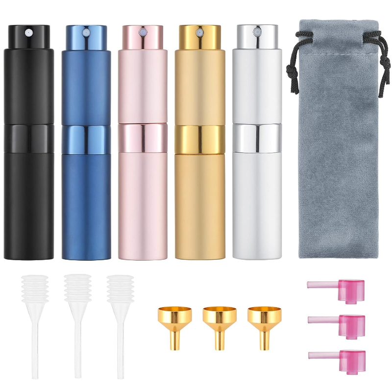 Portable airbrush kit featuring four colors, alongside a pack of five Tekson Mini Travel Perfume Sprayers.