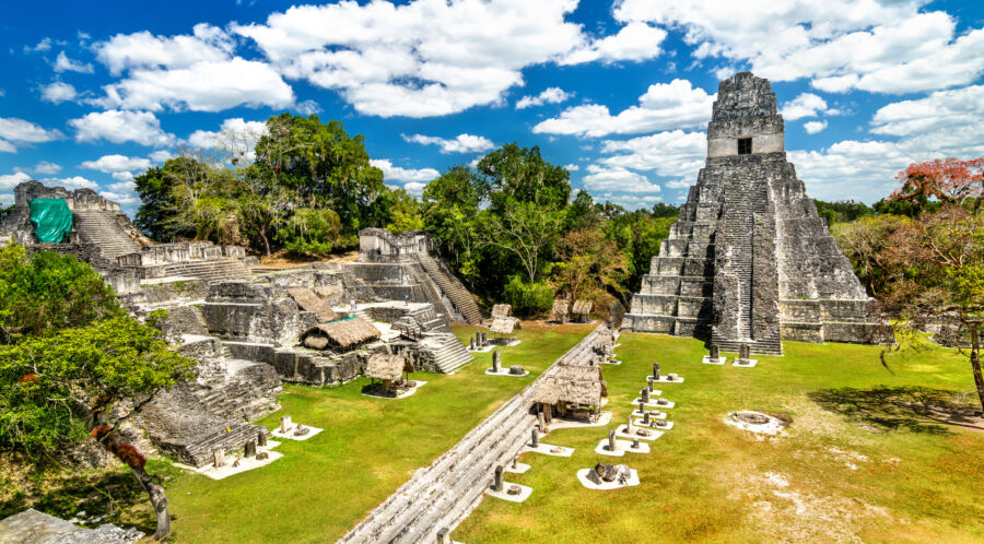 The Temple of the Great Jaguar in Tikal, Guatemala, features a majestic temple