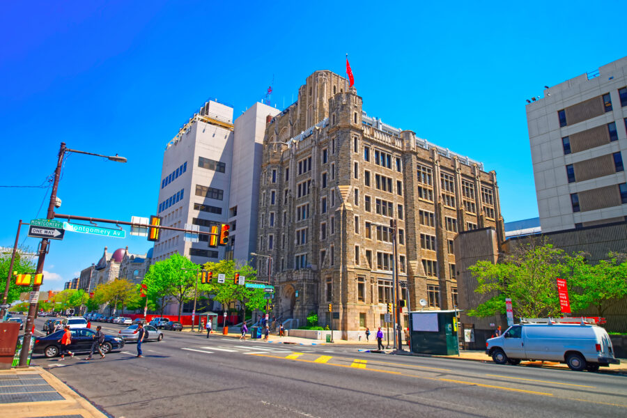 Temple University's Conwell Hall and street view on Montgomery Avenue in Philadelphia