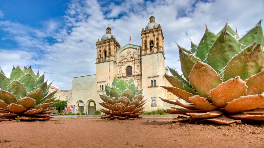 Templo de Santo Domingo de Guzmán, a historic church in Oaxaca, Mexico, featuring ornate baroque architecture and vibrant gardens