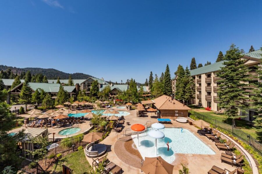 Scenic view of the lodge at Lake Tahoe, showcasing the resort's architecture and surrounding natural beauty.