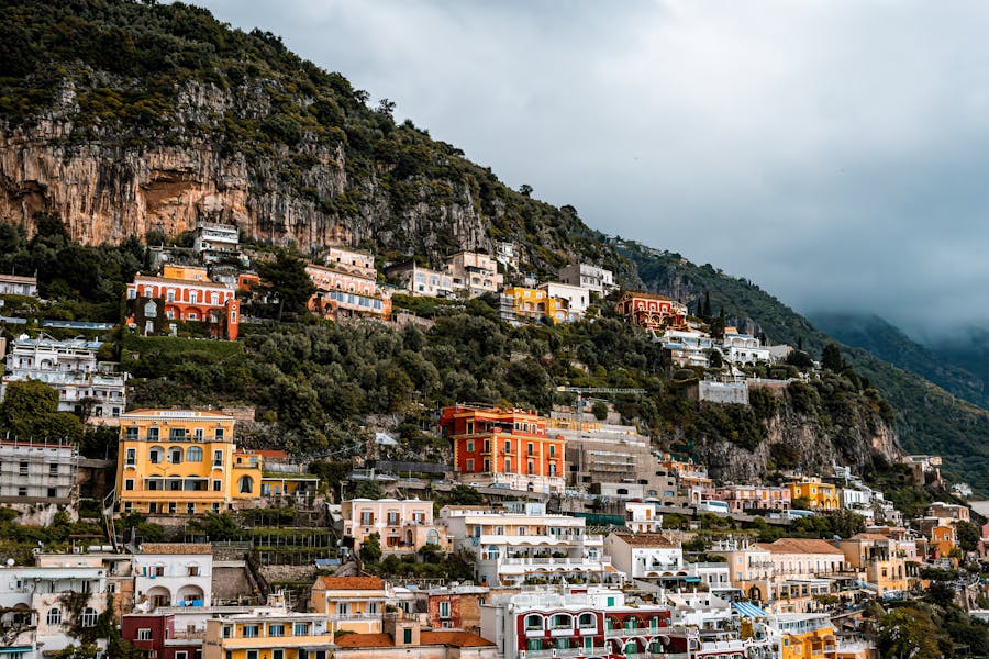 Colorful terraced houses on the Amalfi Coast cliffside village in Italy.
