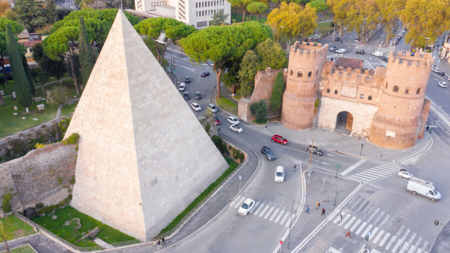 Aerial view of Ostiense square and Pyramid of Cestius, a Roman Era pyramid located Testaccio in Rome, Italy