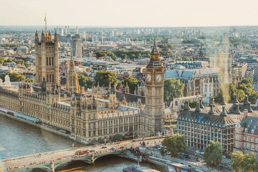 Aerial view of London’s Parliament, Big Ben, River Thames, blending historic and modern architecture.