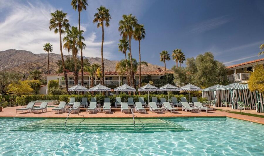 The Colony Palms Hotel and Bungalows, an adults-only resort in Palm Springs, featuring lush landscaping and elegant architecture.
