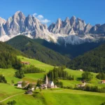 Scenic view of the Dolomites in the European Alps, characterized by towering peaks and vibrant green valleys beneath a bright sky