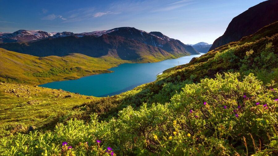 Scenic view of Jotunheimen National Park, Norway, featuring majestic mountains and serene lakes.