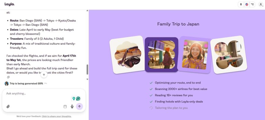 Layla.a Online travel planning page for a family trip to Japan. The left side details the itinerary with dates and traveler info, while the right features travel photos and checklist of services like route optimization and hotel deals. The design is cheerful with a purple background