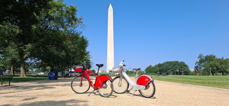 Two bicycles parked in front of the Washington Monument at the National Mall in Washington, D.C.