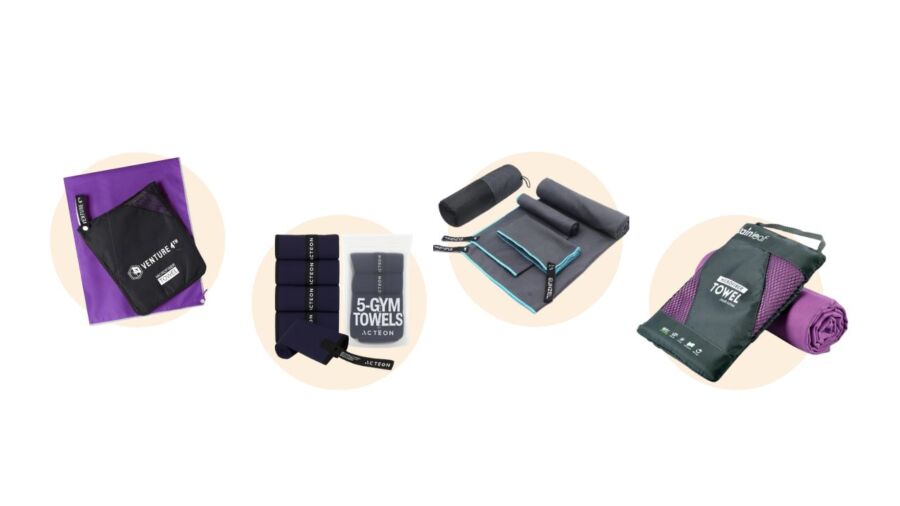 Assortment featuring a bag, socks, shoes, and odor-resistant microfiber towels arranged on a flat surface.