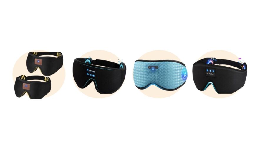 Four colorful headbands designed for sleep, featuring built-in Bluetooth speakers for music and relaxation.