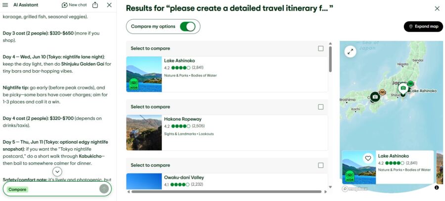 The TripAdvisor AI Assistant digital interface displaying a travel itinerary and comparison results for Japan, with activities for days 3 to 5 on the left.