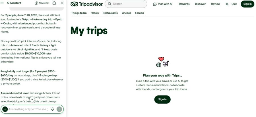 TripAdvisor AI Assistant My trips page on a travel website; left shows a detailed travel plan for 2 people to Japan, June 2026; right invites users to sign in for trip planning.