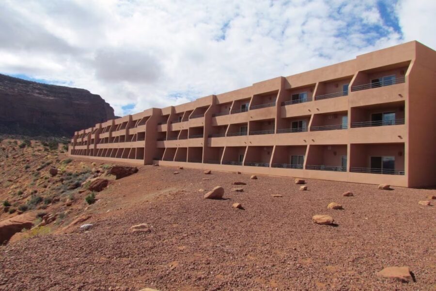 The exterior of The View Hotel in Utah features a facade made of brown stone.