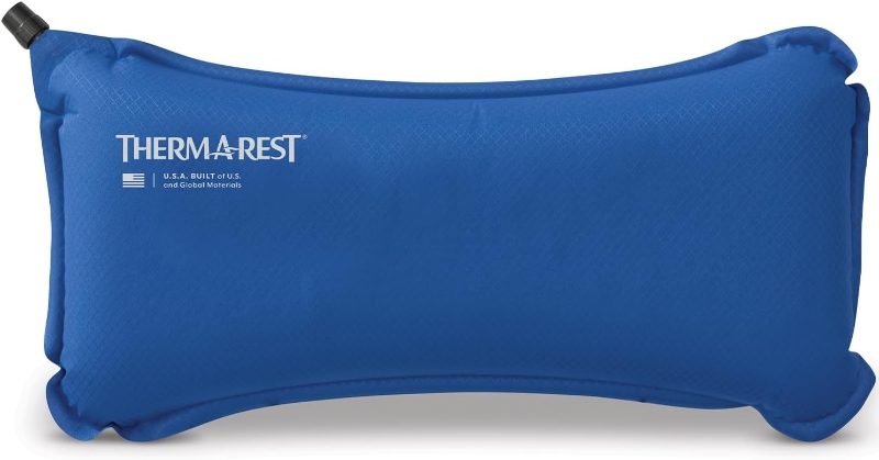 Blue Therm-a-Rest Lumbar Air Pillow designed for comfort and support during outdoor activities or travel.